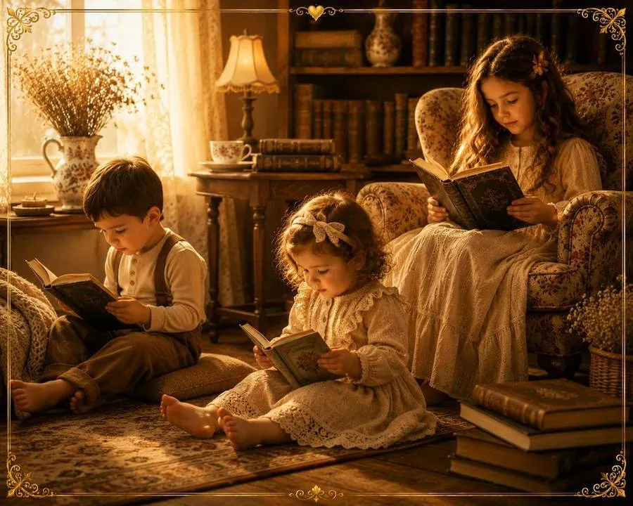 Três crianças lendo, cada uma com seu próprio livro