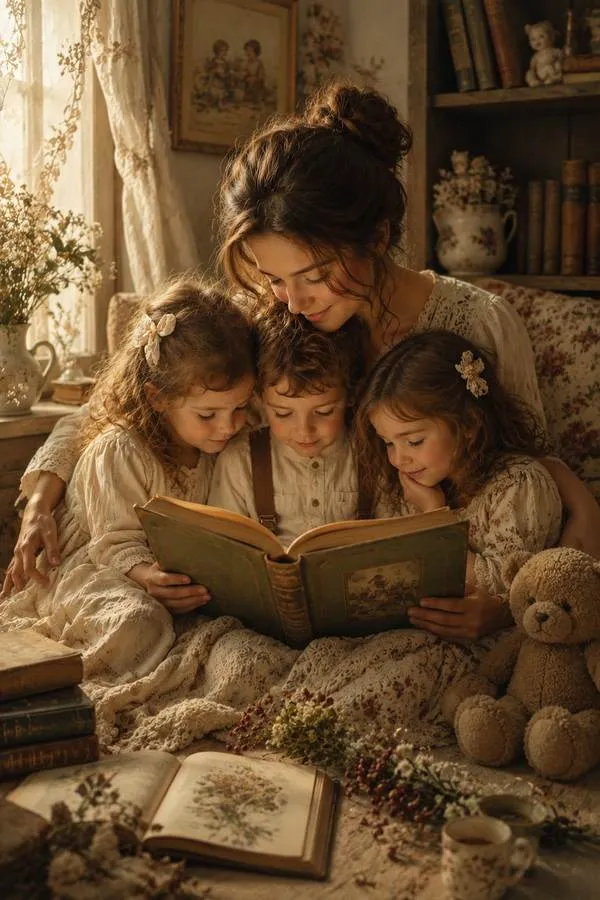 Mãe lendo um livro em voz alta para os três filhos